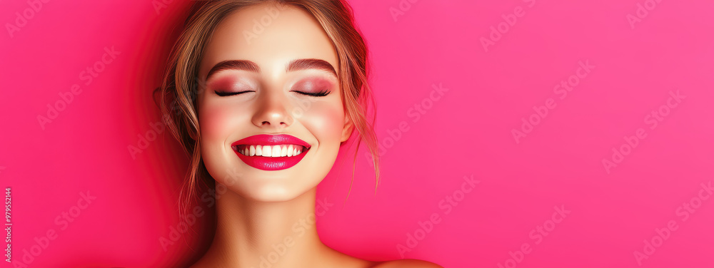 Young pretty woman with plump, luscious, sensual lips smiling on color background with copy space, botox, cosmetologist, cosmetology banner template