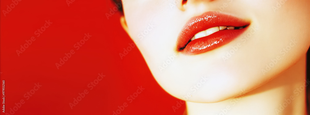 Obraz premium Young pretty woman with plump, luscious, sensual lips smiling on color background with copy space, botox, cosmetologist, cosmetology banner template
