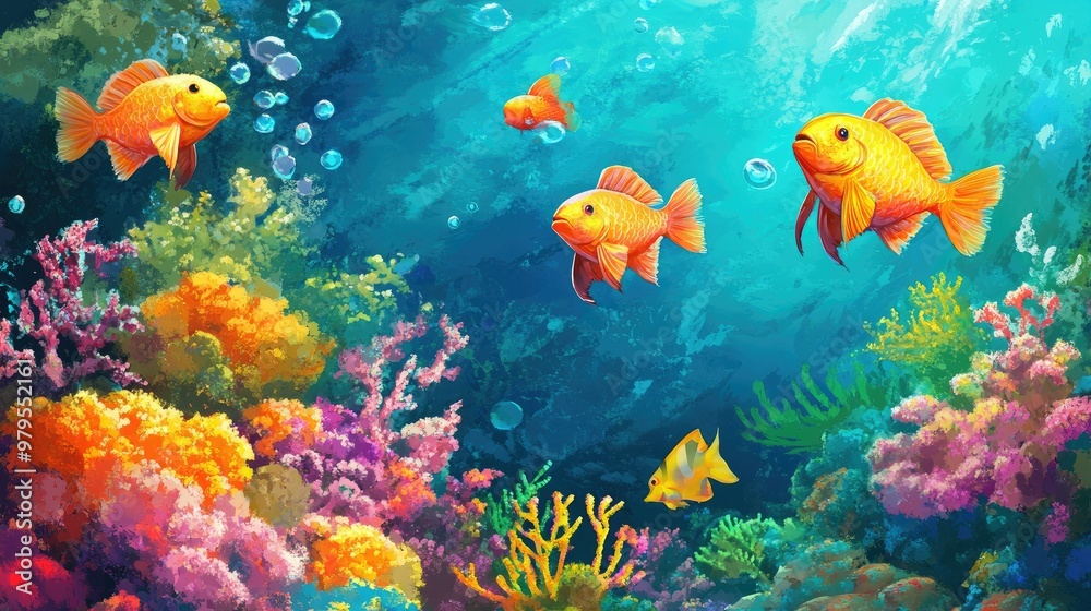 A group of sea fish swimming together near a colorful coral garden, creating a dynamic and engaging underwater scene A group of sea fish swimming together near a colorful coral garden, creating a dynamic and engaging underwater scene