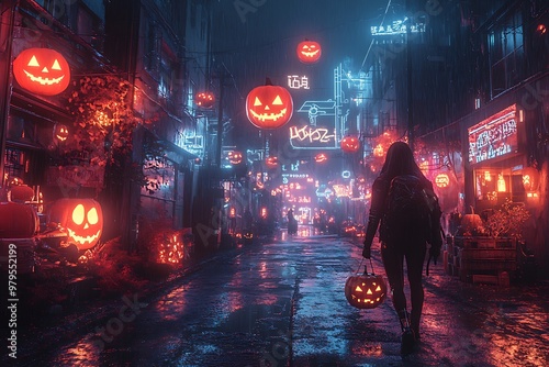 Fototapeta Naklejka Na Ścianę i Meble -  A lone figure walks a neon-lit city street adorned with Halloween pumpkins.