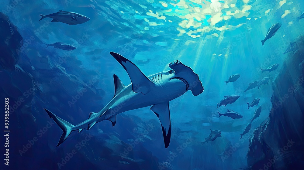 Fototapeta premium A hammerhead shark swimming gracefully in deep ocean waters, surrounded by smaller fish.