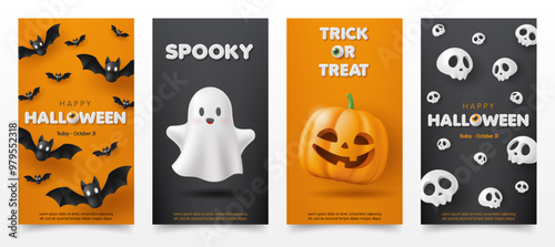Set of 3d Happy Halloween invitation card template with pumpkin, moon, skull, cute ghost on orange background. Spooky party poster, online shop, sale promotion banner store, web and social media post