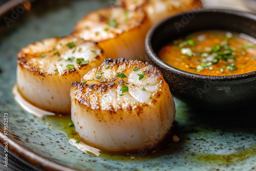Scallops on a plate with seafood dipping sauce