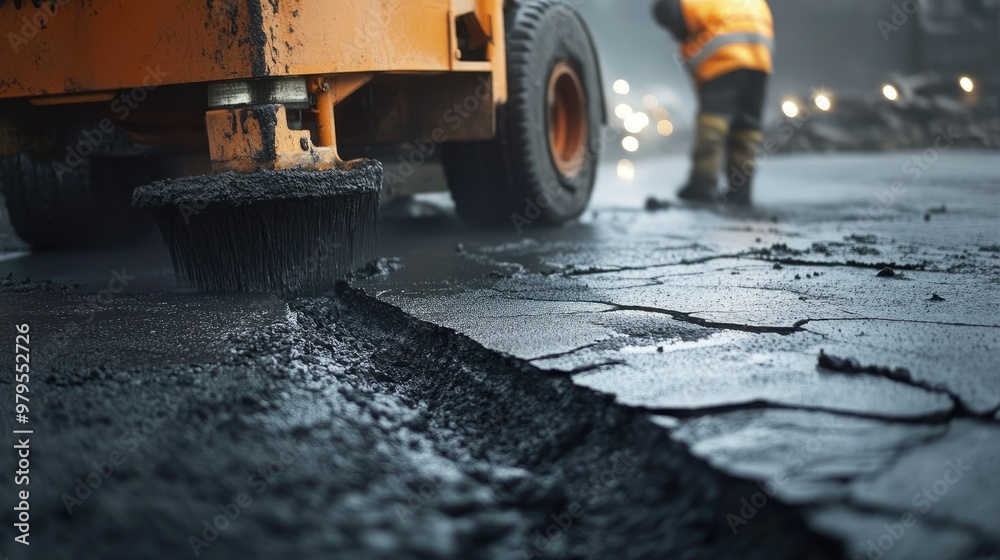 A large crack in the road being sealed by a construction worker using a tar machine. A large crack in the road being sealed by a construction worker using a tar machine.