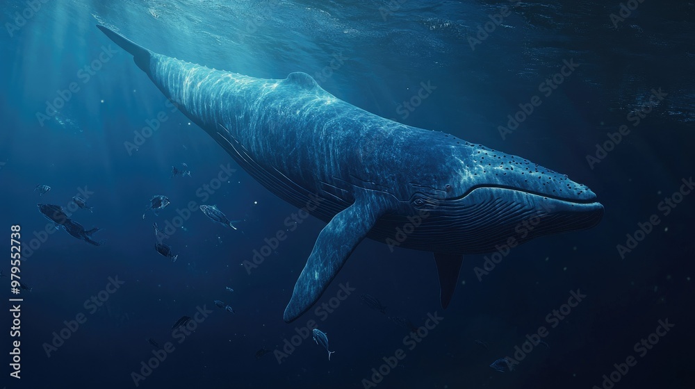 Fototapeta premium A large blue whale swimming slowly through deep waters, surrounded by smaller fish.