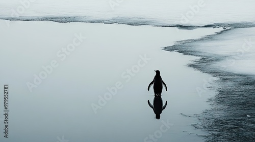 A lone penguin waddling across an icy shore, making its way toward the ocean. photo