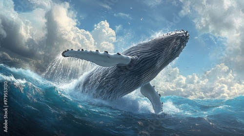 A majestic humpback whale breaching the surface of the ocean with splashes of water