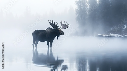 A majestic moose standing in a misty lake, its impressive antlers and large frame reflecting in the calm water of the early morning.