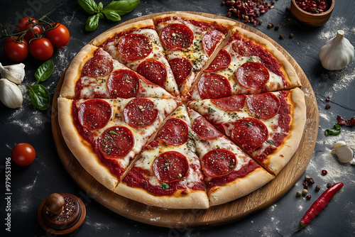 pizza with salami and tomatoes