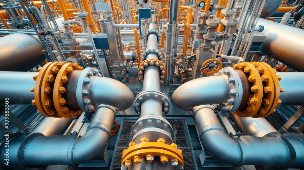 Industrial piping system with large metal pipes connected by yellow flanges and valves, surrounded by complex network of smaller pipes and equipment. Industrial piping system with large metal pipes connected by yellow flanges and valves, surrounded by complex network of smaller pipes and equipment.