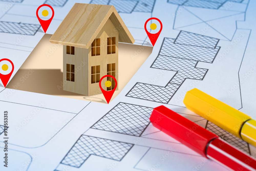 Fototapeta premium CONSTRUCTION OF WOODEN HOUSES - Lumber industry for residential building construction - Real Estate concept with wooden home model and fictional Cadastral Map