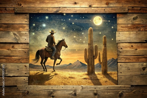 A vintage-inspired illustration of a lone cowboy riding horseback under a starry desert sky, surrounded by worn wooden boards and faded wanted posters. photo