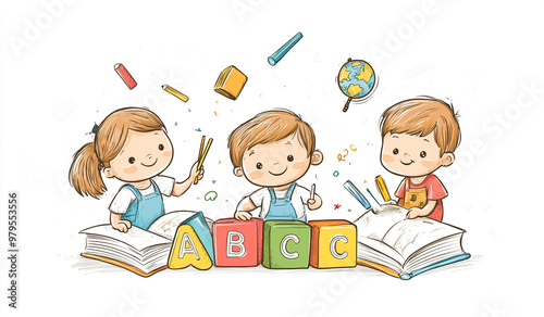 Illustration of cartoon children with books, globe, and pencil on cubes in a school background. 