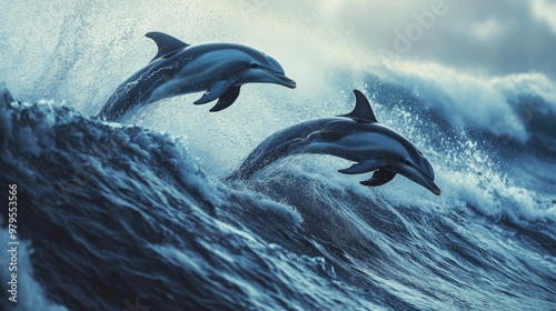 A pair of dolphins jumping in unison, their sleek bodies cutting through the waves. photo