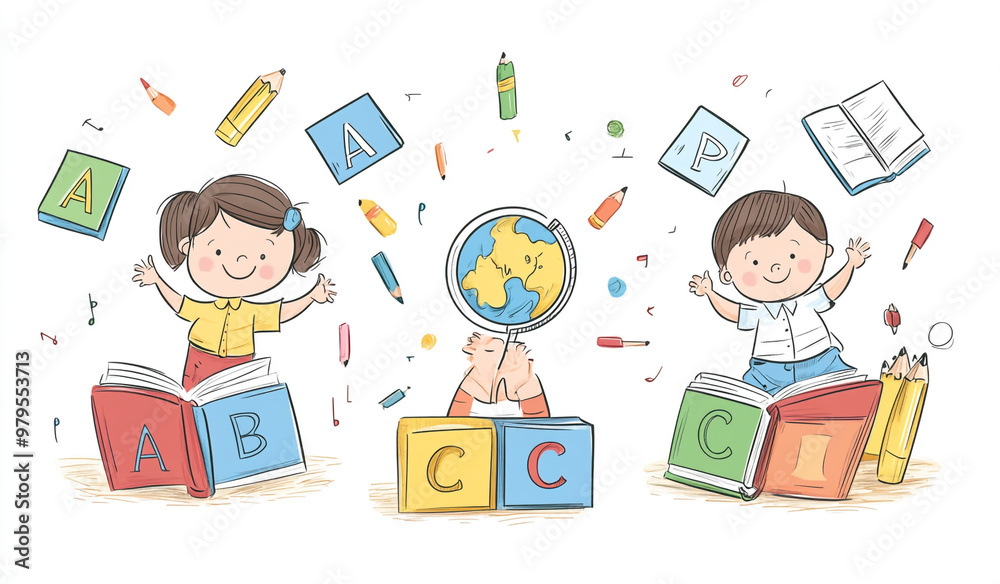 Illustration of cartoon children with books, globe, and pencil on cubes in a school background. Illustration of cartoon children with books, globe, and pencil on cubes in a school background.