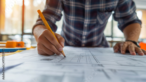 Close up man working of Architect sketching a construction project on his plane project at site construction work