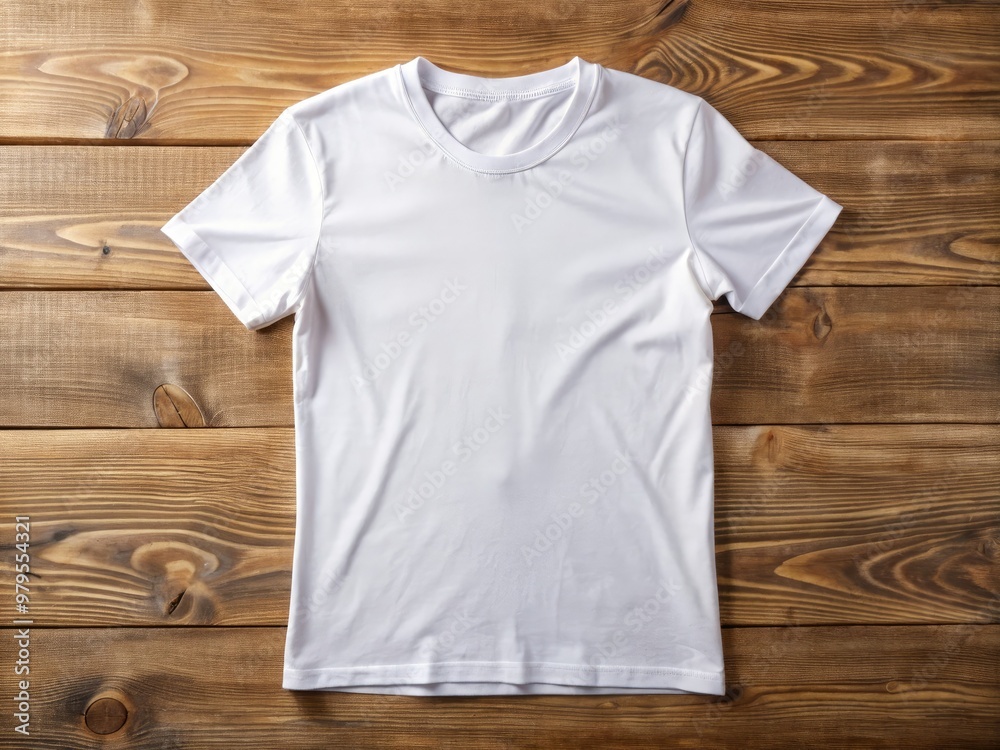 Blank white t-shirt lying flat on a wooden table with a slight wrinkle, ready for custom design or branding, with a subtle natural background. Blank white t-shirt lying flat on a wooden table with a slight wrinkle, ready for custom design or branding, with a subtle natural background.