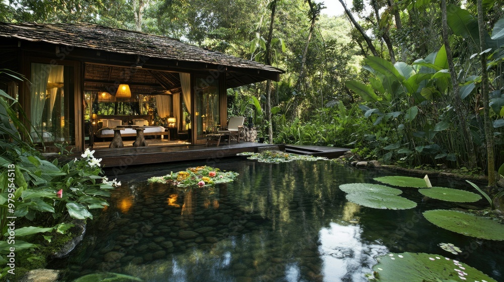A private lagoon hidden within dense jungle foliage, perfect for peaceful retreats.