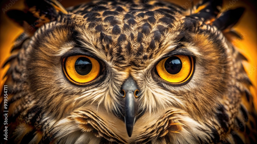 Close-up of a majestic owl's piercing yellow eyes with intricate feather patterns, shallow depth of field, and soft, warm lighting accentuating wisdom and mystery. Close-up of a majestic owl's piercing yellow eyes with intricate feather patterns, shallow depth of field, and soft, warm lighting accentuating wisdom and mystery.