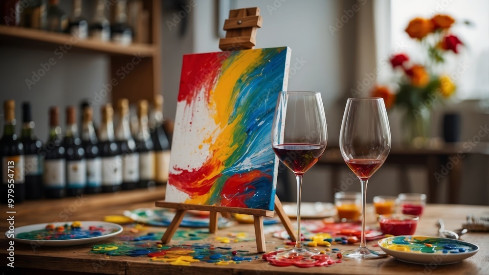 Abstract painting on canvas surrounded by art supplies Abstract painting on canvas surrounded by art supplies