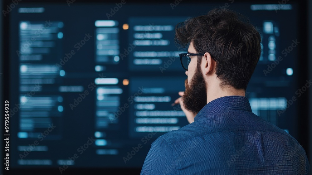 A thoughtful man analyzes data on a dark monitor, showcasing modern technology in a professional environment. A thoughtful man analyzes data on a dark monitor, showcasing modern technology in a professional environment.
