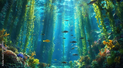 A serene underwater scene of a giant kelp forest with various fish swimming through, creating a peaceful and lush environment. photo