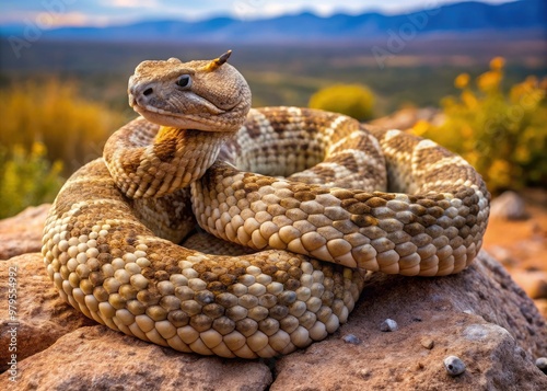 Coiled southwestern speckled rattlesnake with distinctive diamond-shaped markings and rusty-brown coloration rests on a rocky outcropping amidst a sprawling desert landscape. photo