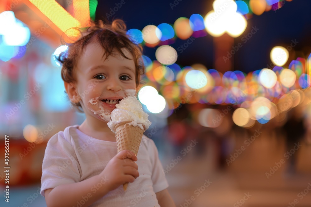 Playful baby cute bushy hair full of fun and joy. Child savors each bite of their ice cream cone. Image symbolizes innocence and pure joy of childhood. Playful baby cute bushy hair full of fun and joy. Child savors each bite of their ice cream cone. Image symbolizes innocence and pure joy of childhood.