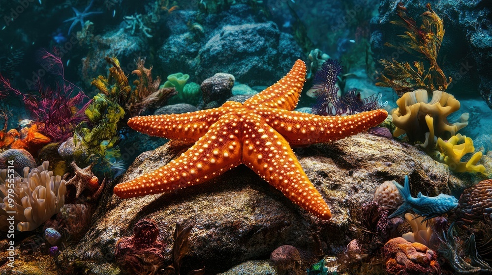 A starfish resting on a rock, surrounded by other marine life on the ocean floor. A starfish resting on a rock, surrounded by other marine life on the ocean floor.