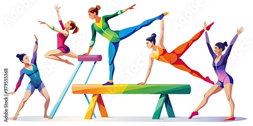 Colorful icons representing women's artistic gymnastics events, including balance beam, uneven bars, vault, and floor exercise, in vibrant shapes and bold lines, isolated on white. photo