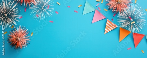 Colorful Party Decorations on Blue Background.