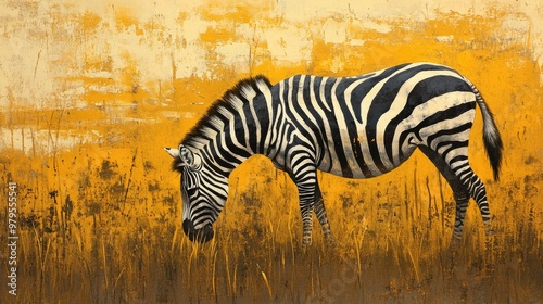 A striking zebra grazing in the golden light of the savanna, its bold stripes and graceful movements captured against the expansive landscape.