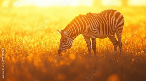 A striking zebra grazing in the golden light of the savanna, its bold stripes and graceful movements captured against the expansive landscape.