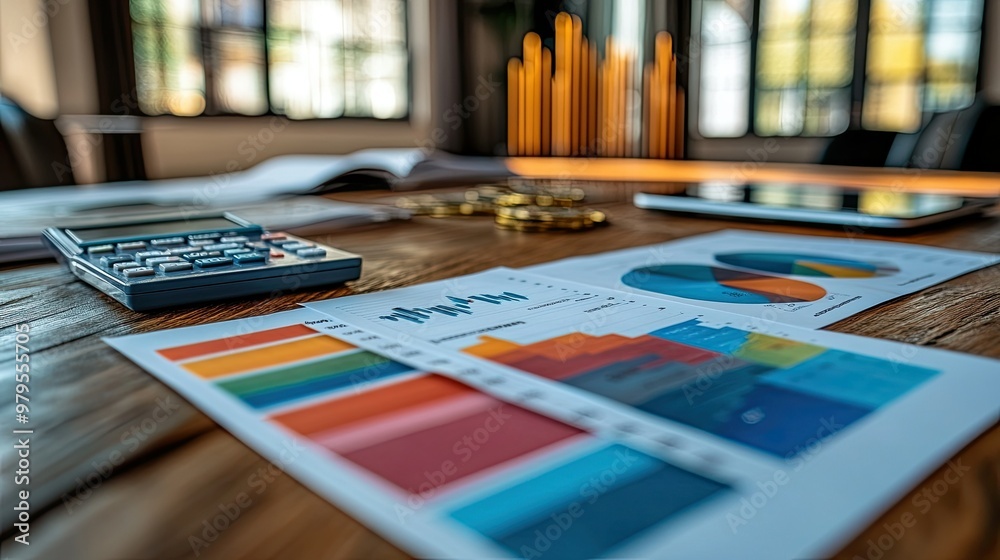 Financial planning meeting with charts and calculators Financial planning meeting with charts and calculators