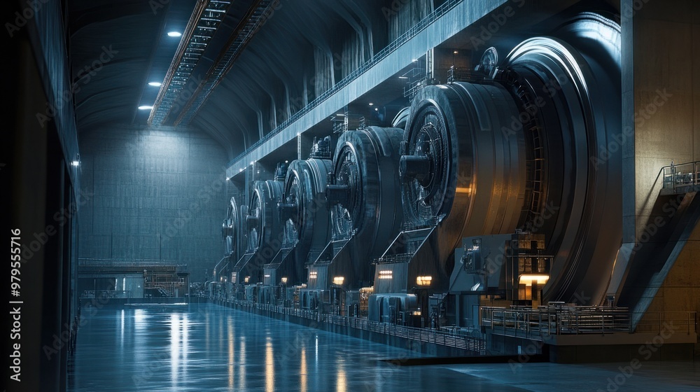Obraz premium The massive turbines of a hydroelectric dam, highlighted by industrial lighting in the facility's interior.