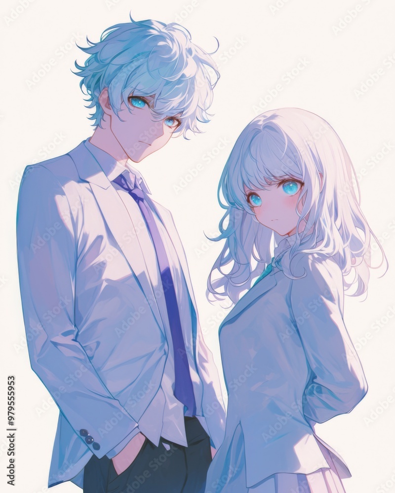 Anime Girl with Silver Hair in White Standing Behind Anime Boy with Short Light Blue Fluffy Curly Hair and White Suit Coat Anime Girl with Silver Hair in White Standing Behind Anime Boy with Short Light Blue Fluffy Curly Hair and White Suit Coat