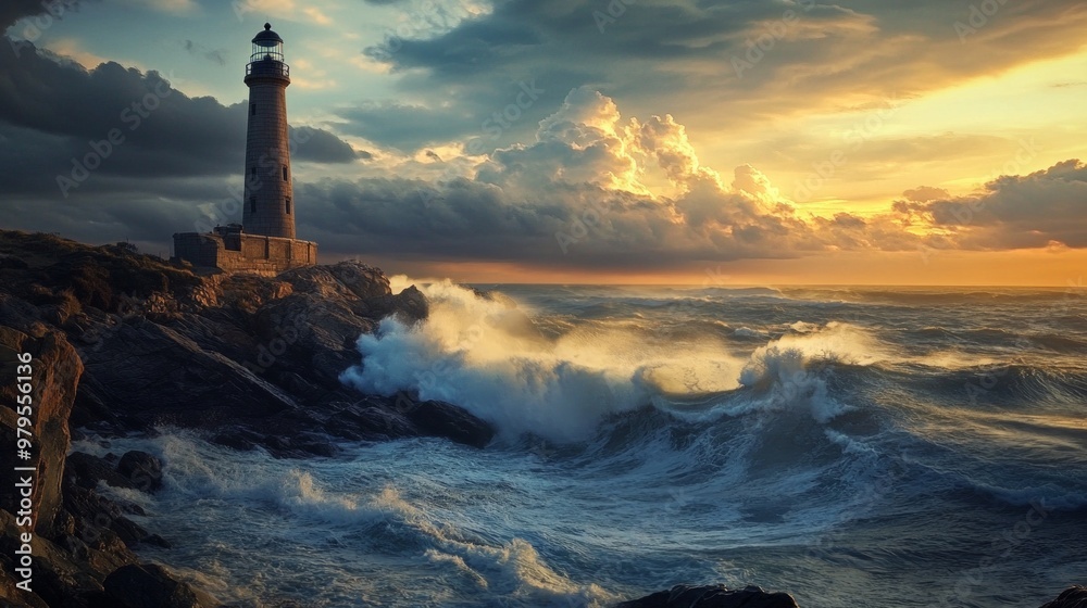 Majestic lighthouse overlooking rugged coastline, waves crashing against the rocks, symbolizing strength and resilience against nature's elements Majestic lighthouse overlooking rugged coastline, waves crashing against the rocks, symbolizing strength and resilience against nature's elements
