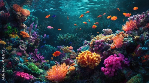 A vibrant coral reef full of marine life, including fish, anemones, and sponges.