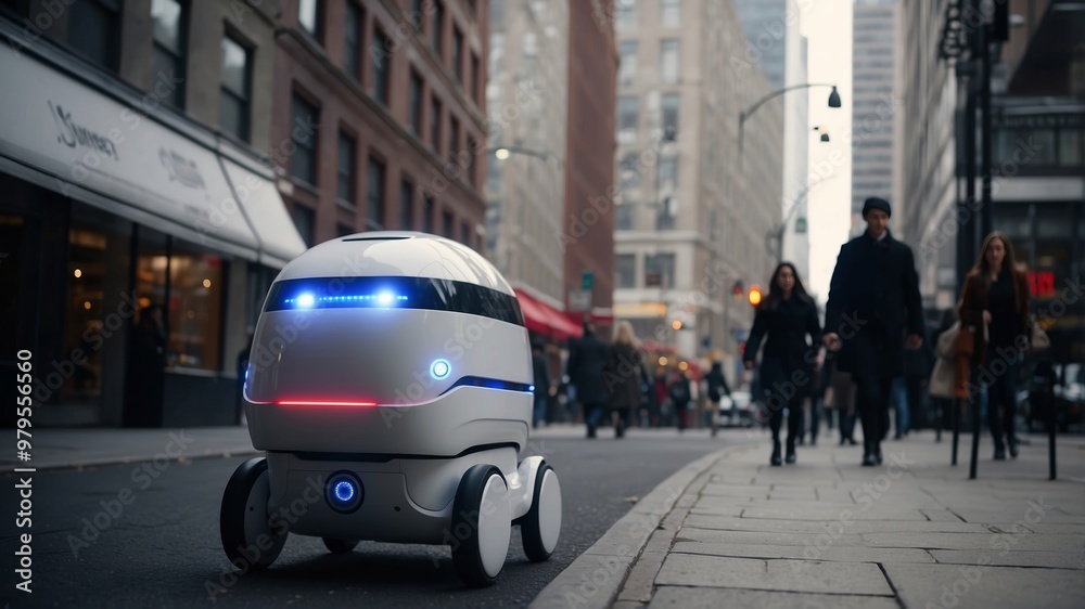 Fototapeta premium Autonomous delivery robot navigating city sidewalk with led lights