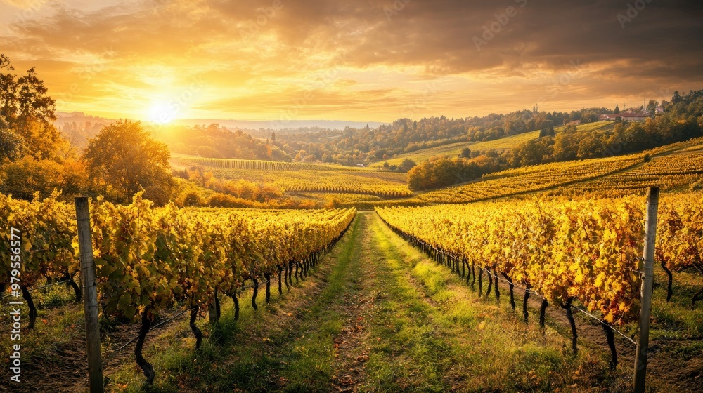 A vineyard in the countryside with rows of grapevines ready for harvesting. - A vineyard in the countryside with rows of grapevines ready for harvesting. -