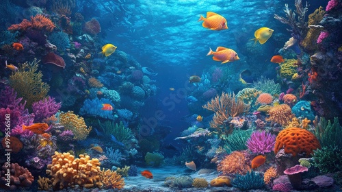 Fototapeta Naklejka Na Ścianę i Meble -  A vibrant underwater scene with a variety of sea fish interacting around a coral reef, showcasing marine biodiversity -