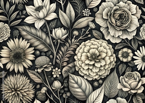 Wallpaper Mural Delicate hand-drawn illustrations of various flowers and foliage in intricate detail, beautifully rendered in high-contrast black and white for versatile design applications. Torontodigital.ca