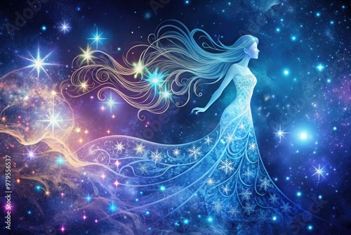 Delicate, intricate illustration of the Virgo constellation, featuring the maiden's silhouette amidst swirling stars, soft blue and purple hues, and subtle celestial patterns.