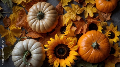 Autumn display with pumpkins and central sunflower photo