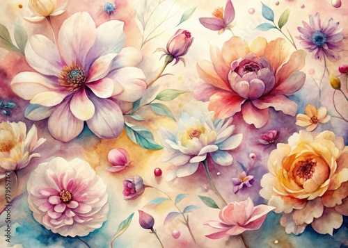 Delicate watercolor petals unfurl on creamy paper as vibrant hues bleed and blend in an artisanal illustration of blooming flowers in soft, dreamy focus.