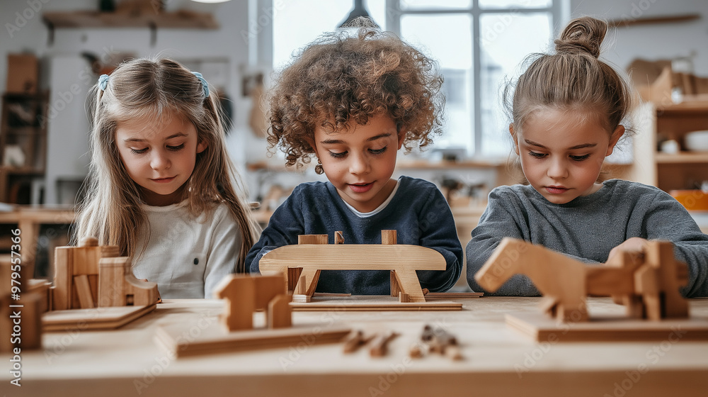 Group of girls and boys playing with wooden toys on table in room. Children's toys. Child development concept. Learning creativity Group of girls and boys playing with wooden toys on table in room. Children's toys. Child development concept. Learning creativity