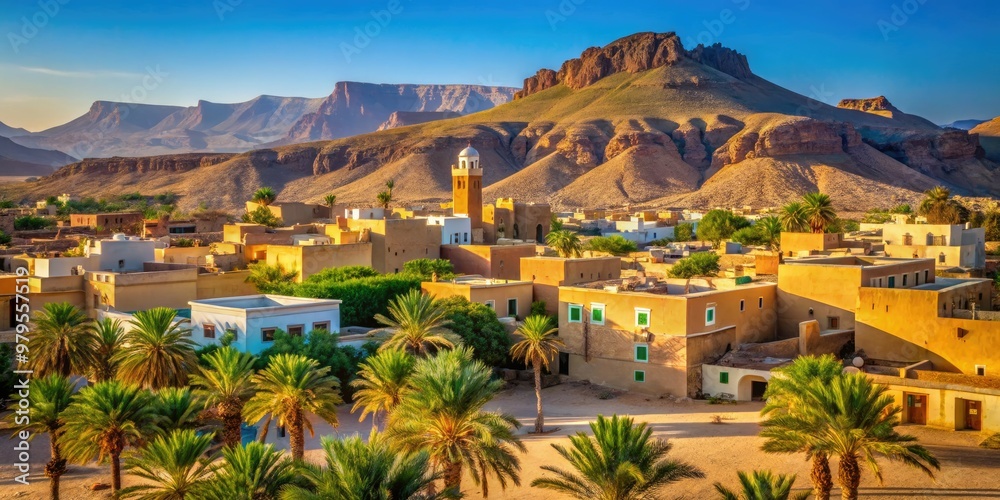 Desert landscape surrounding modern buildings and ancient architecture ...