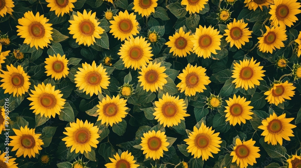 Aerial view of a sunflower field in full bloom, with bright yellow flowers stretching across the landscape.