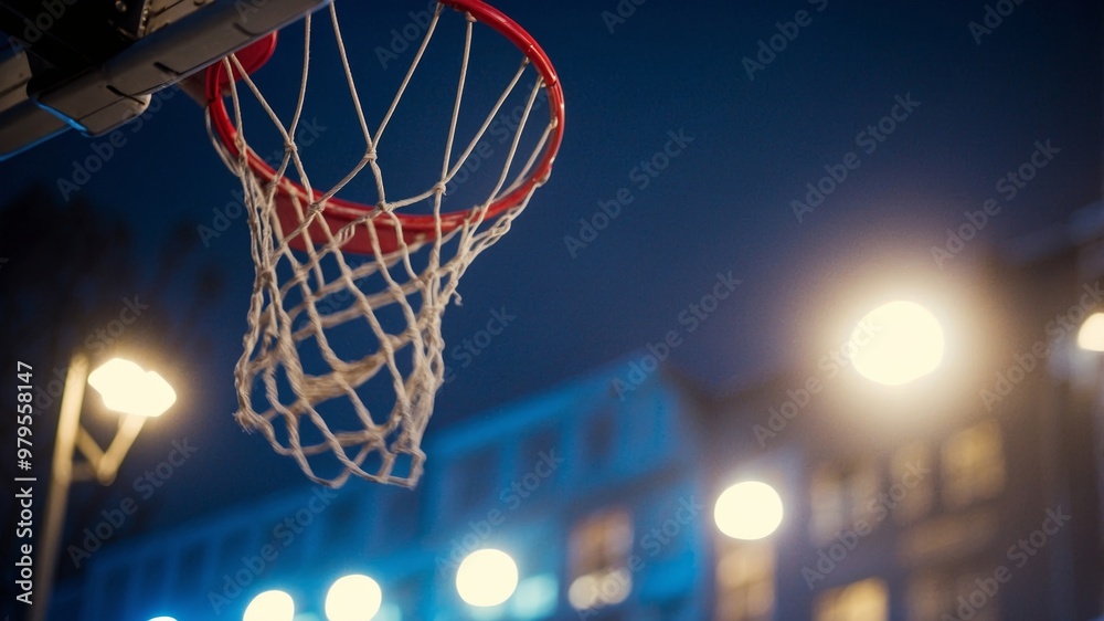 Basketball hoop at night with ball in motion Basketball hoop at night with ball in motion