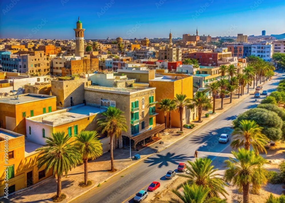 El Aaiun cityscape with colorful buildings, bustling streets, and palm ...
